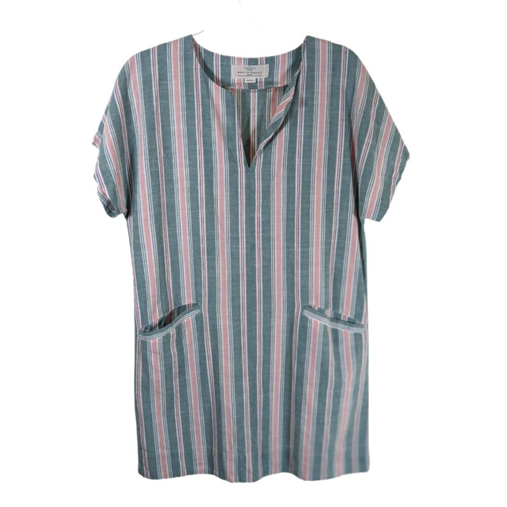 Trovata Bird of Paradise Striped Tunic Dress Medium Green Pink White Cotton